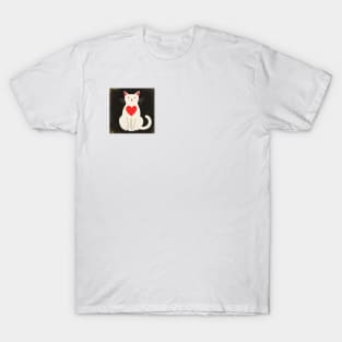 White cat in black window with heart T-Shirt